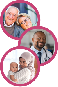 Three pink circles, each with a photo of a target audience member for a marketing campaign; an elderly couple, a Black male doctor, and a Muslim mother holding a baby.
